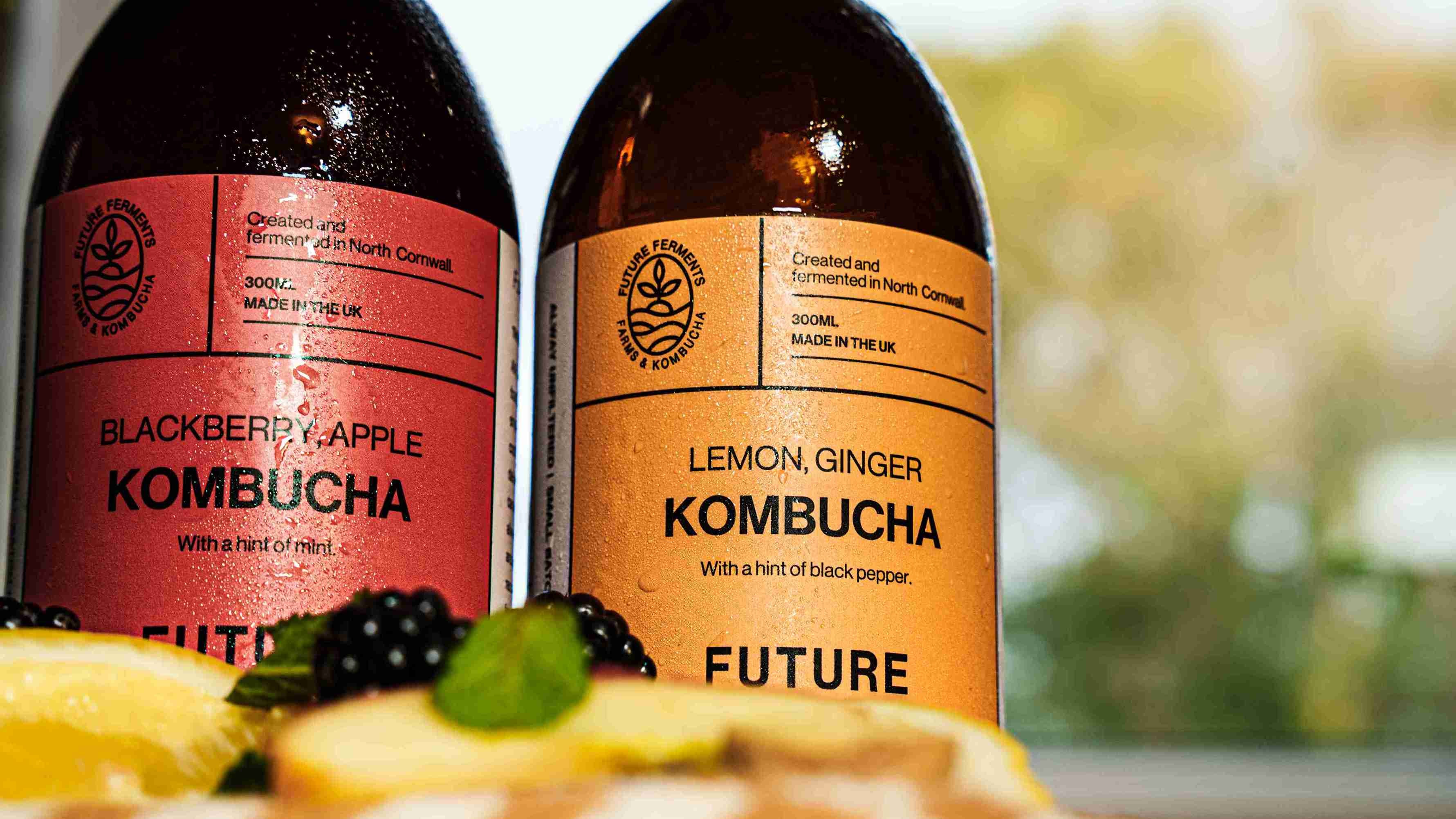 Two bottles of premium kombucha, with visible labels on a blurred natural background